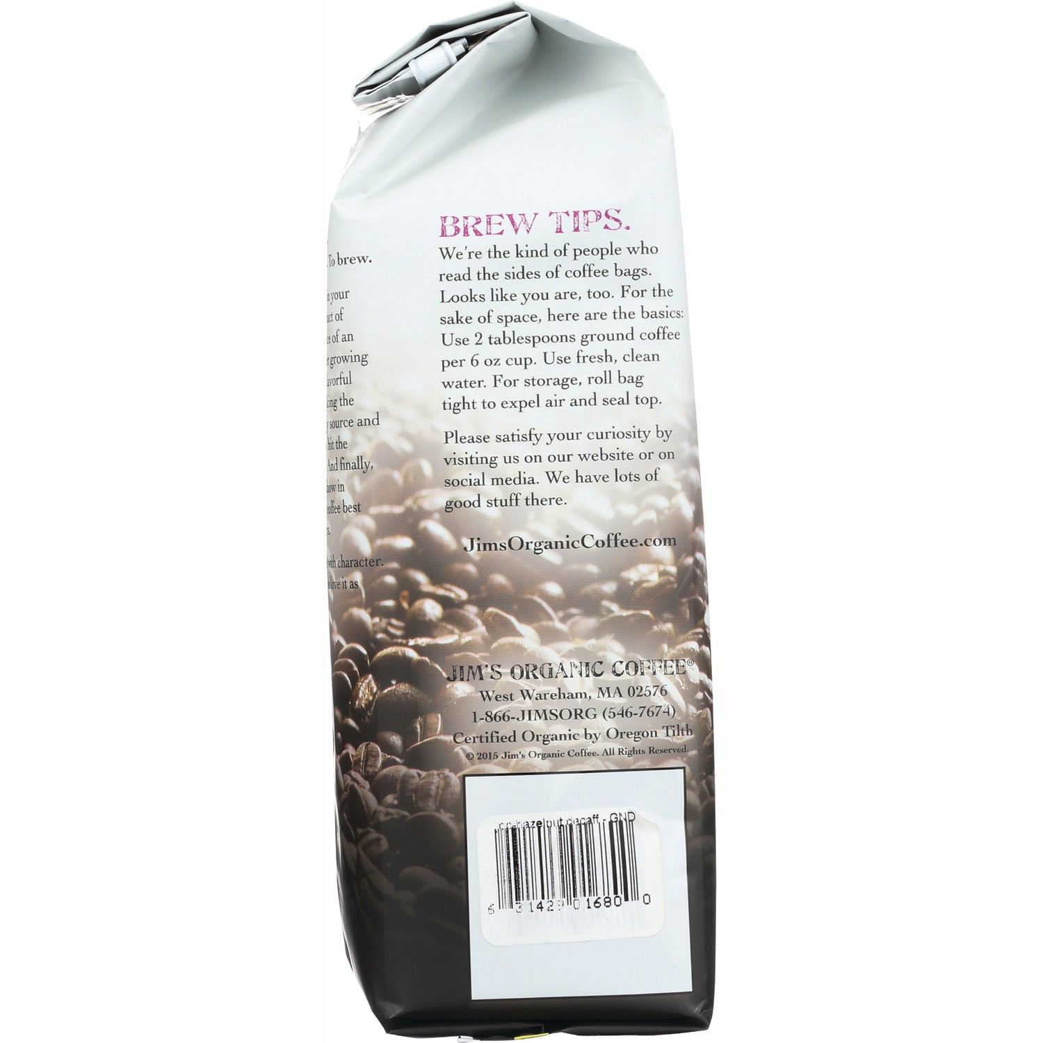 JOC010 | Back of Jim's Organic Coffee bag showing BREW TIPS text, coffee beans background and barcode