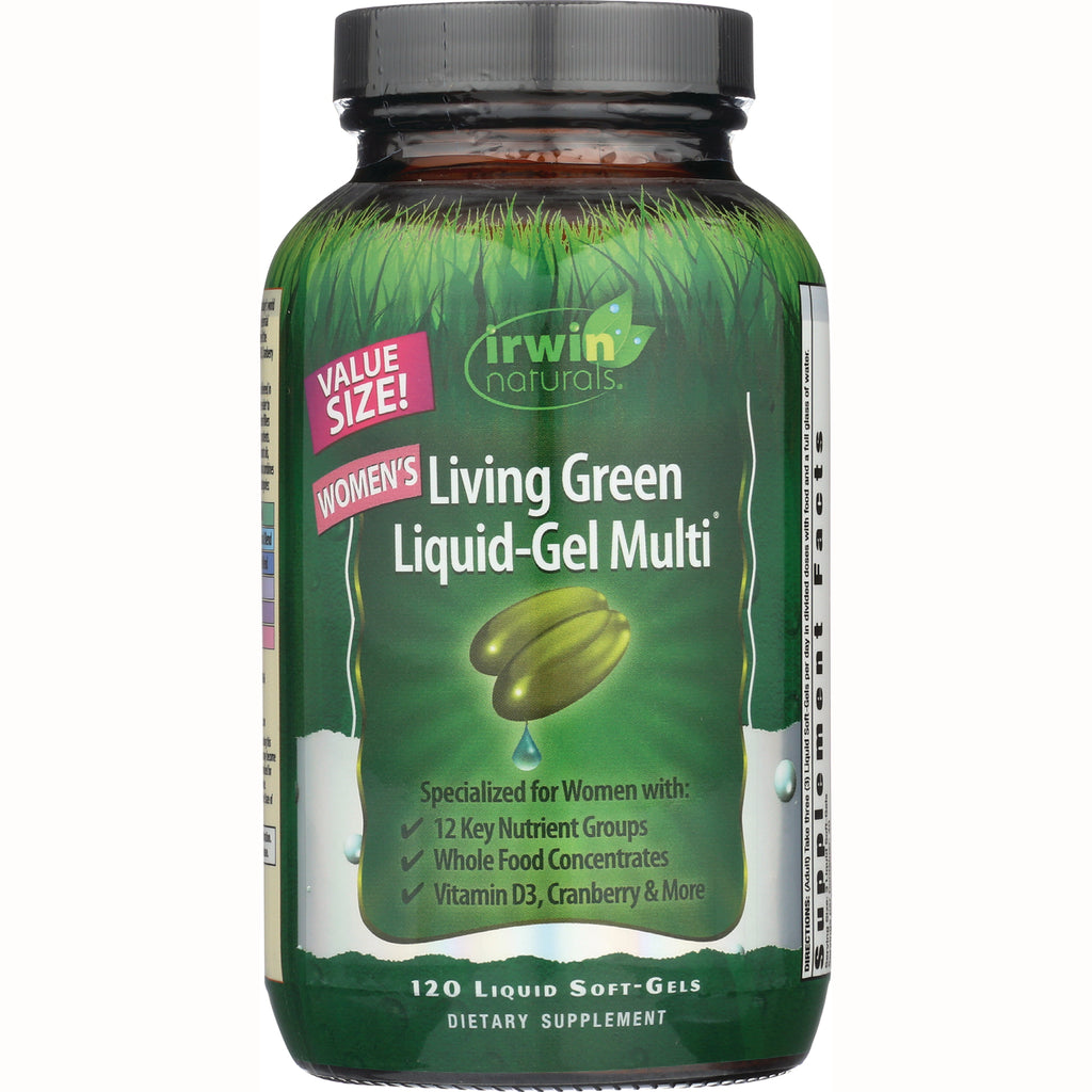 IR070 | Irwin Naturals Living Green Liquid-Gel Multi women's supplement bottle, green label, 120 liquid soft-gels - Thumbnail