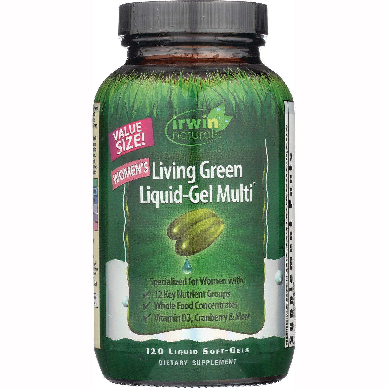 IR070 | Irwin Naturals Living Green Liquid-Gel Multi women's supplement bottle, green label, 120 liquid soft-gels