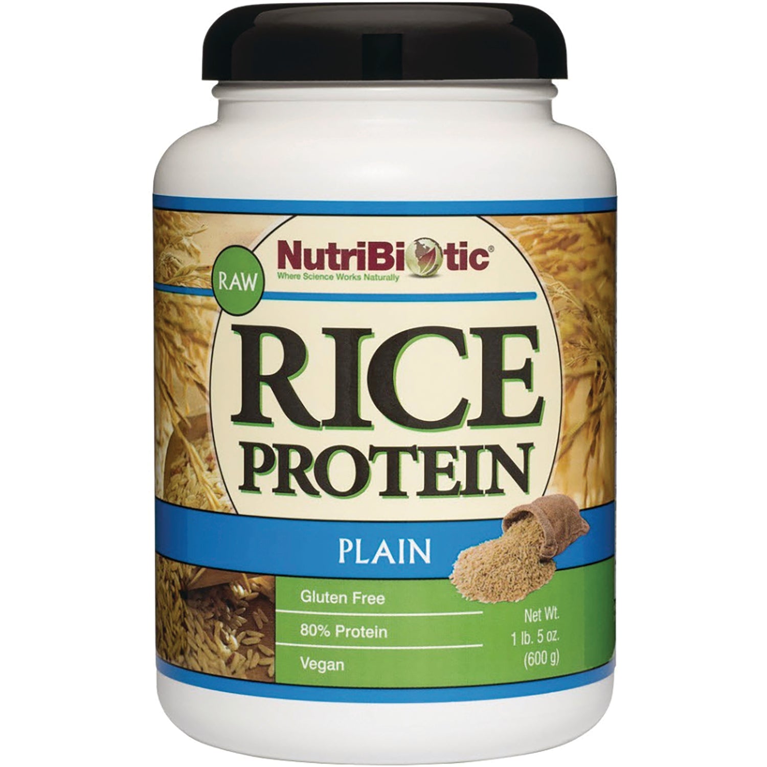 NUB005 | NutriBiotic Rice Protein plain powder container front label reading Rice Protein, Plain, Gluten Free, 80% Protein, Vegan