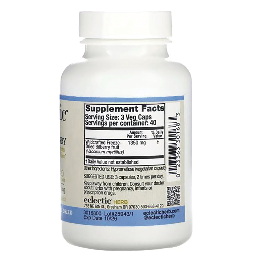 EC018 | Back of white supplement bottle showing Supplement Facts panel, serving size 3 Veg Caps, 1350 mg dried bilberry, barcode - Thumbnail