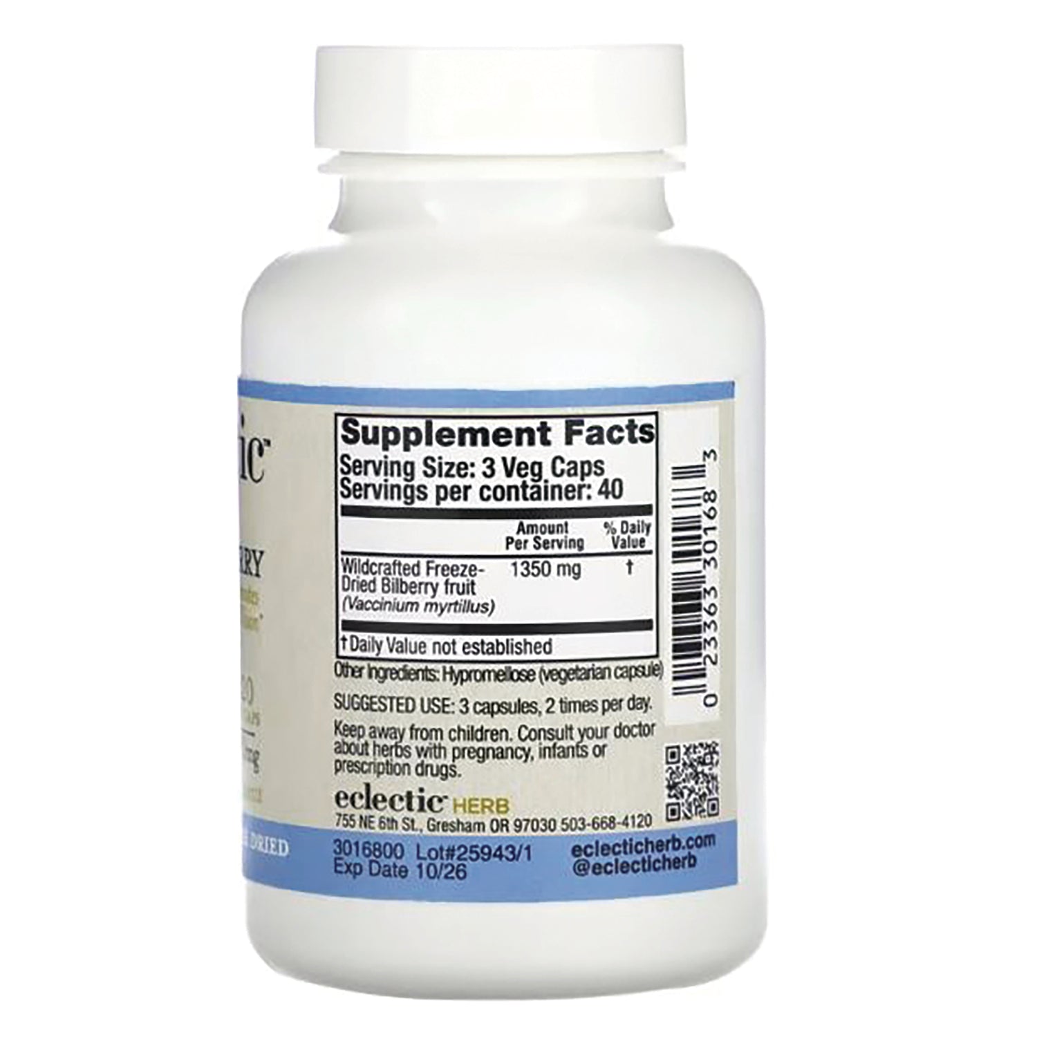EC018 | Back of white supplement bottle showing Supplement Facts panel, serving size 3 Veg Caps, 1350 mg dried bilberry, barcode