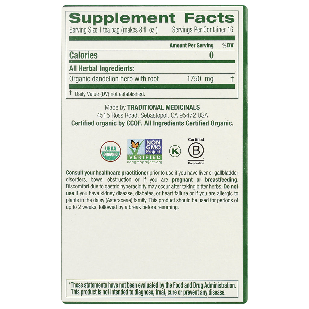 TMD047 | Back Supplement Facts for Traditional Medicinals dandelion tea; organic dandelion with root 1750 mg; USDA Organic - Thumbnail