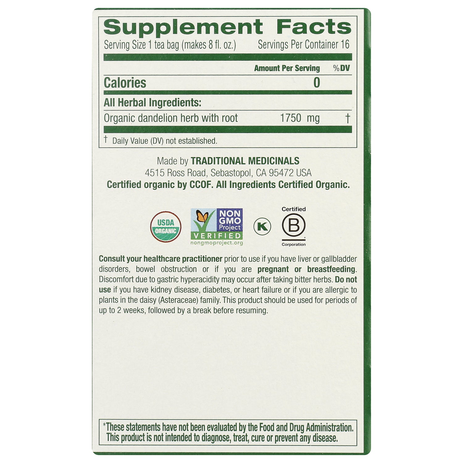TMD047 | Back Supplement Facts for Traditional Medicinals dandelion tea; organic dandelion with root 1750 mg; USDA Organic