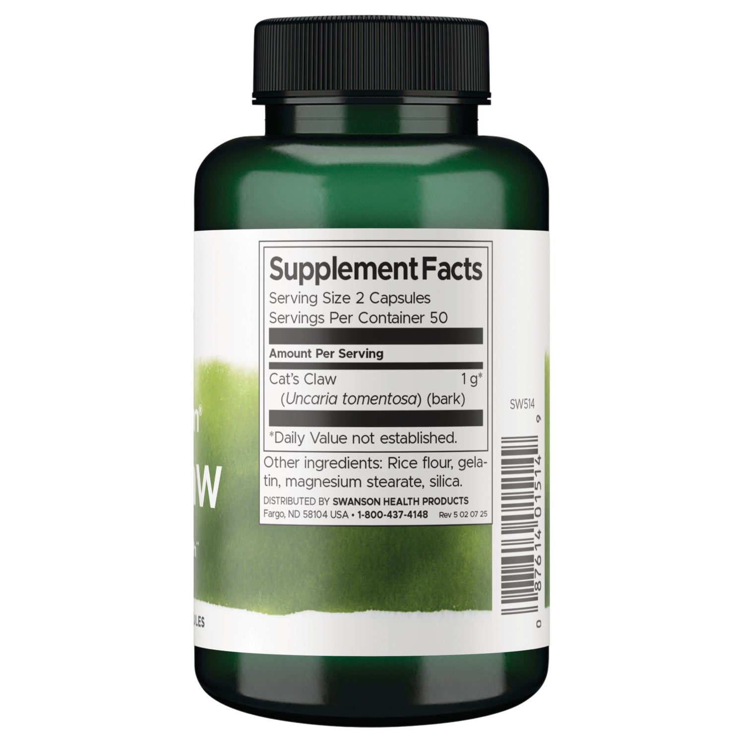SW514 | Back label with Supplement Facts for Cat's Claw; serving size 2 capsules, 50 servings, 1 g per serving
