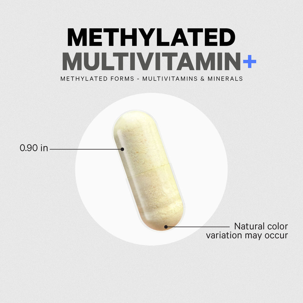 CDG042 | Methylated multivitamin capsule infographic showing 0.90 in size and natural color variation - Thumbnail
