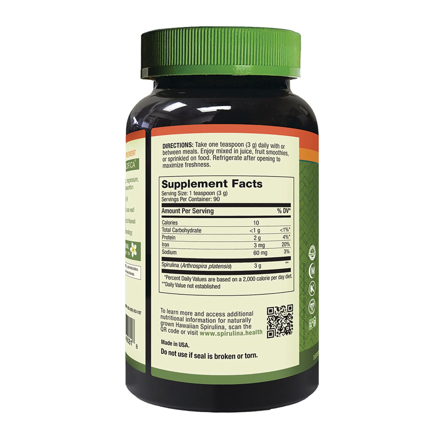 NUT027 | Back label of supplement bottle showing Supplement Facts panel, directions, and QR code