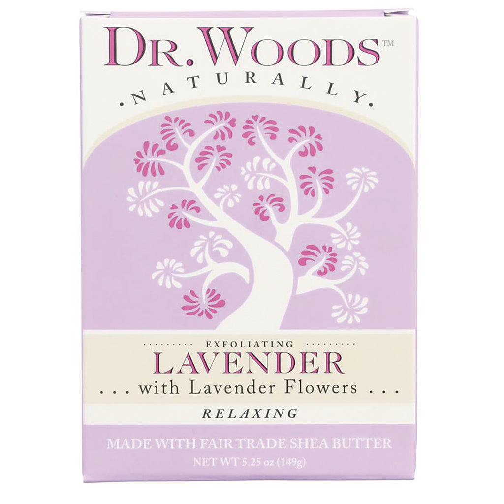 DRW018 | Dr. Woods lavender exfoliating soap box with white tree graphic labeled Lavender with Lavender Flowers relaxing - Thumbnail