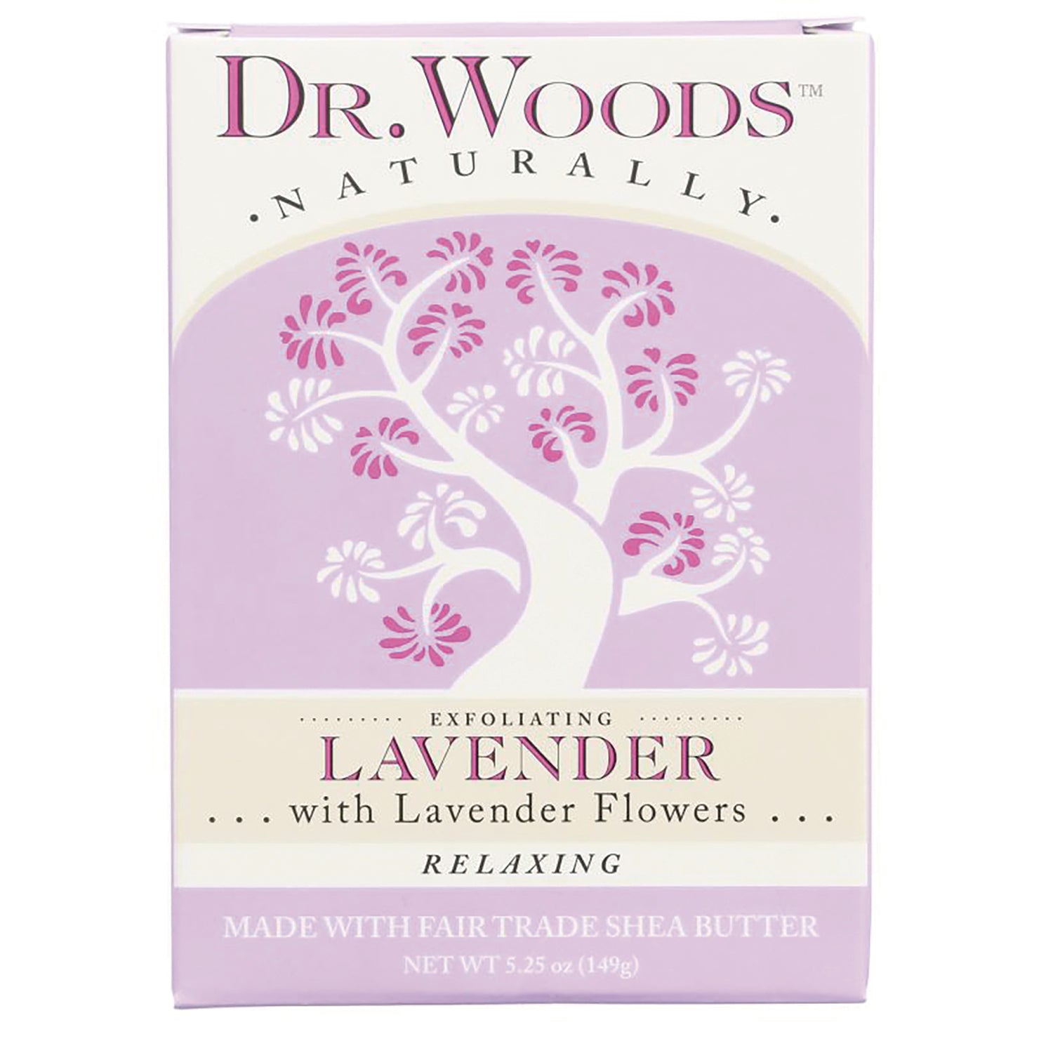 DRW018 | Dr. Woods lavender exfoliating soap box with white tree graphic labeled Lavender with Lavender Flowers relaxing