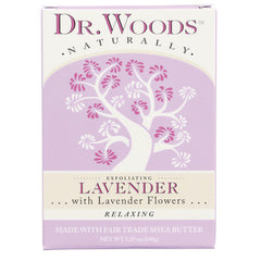 DRW018 | Dr. Woods lavender exfoliating soap box with white tree graphic labeled Lavender with Lavender Flowers relaxing