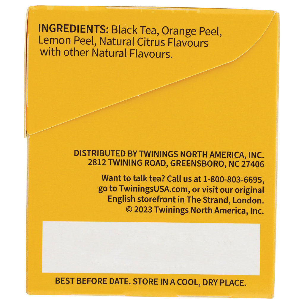 TWN015 | Back of tea box with ingredients: Black Tea, Orange Peel, Lemon Peel, Natural Citrus Flavours; storage and distributor info - Thumbnail