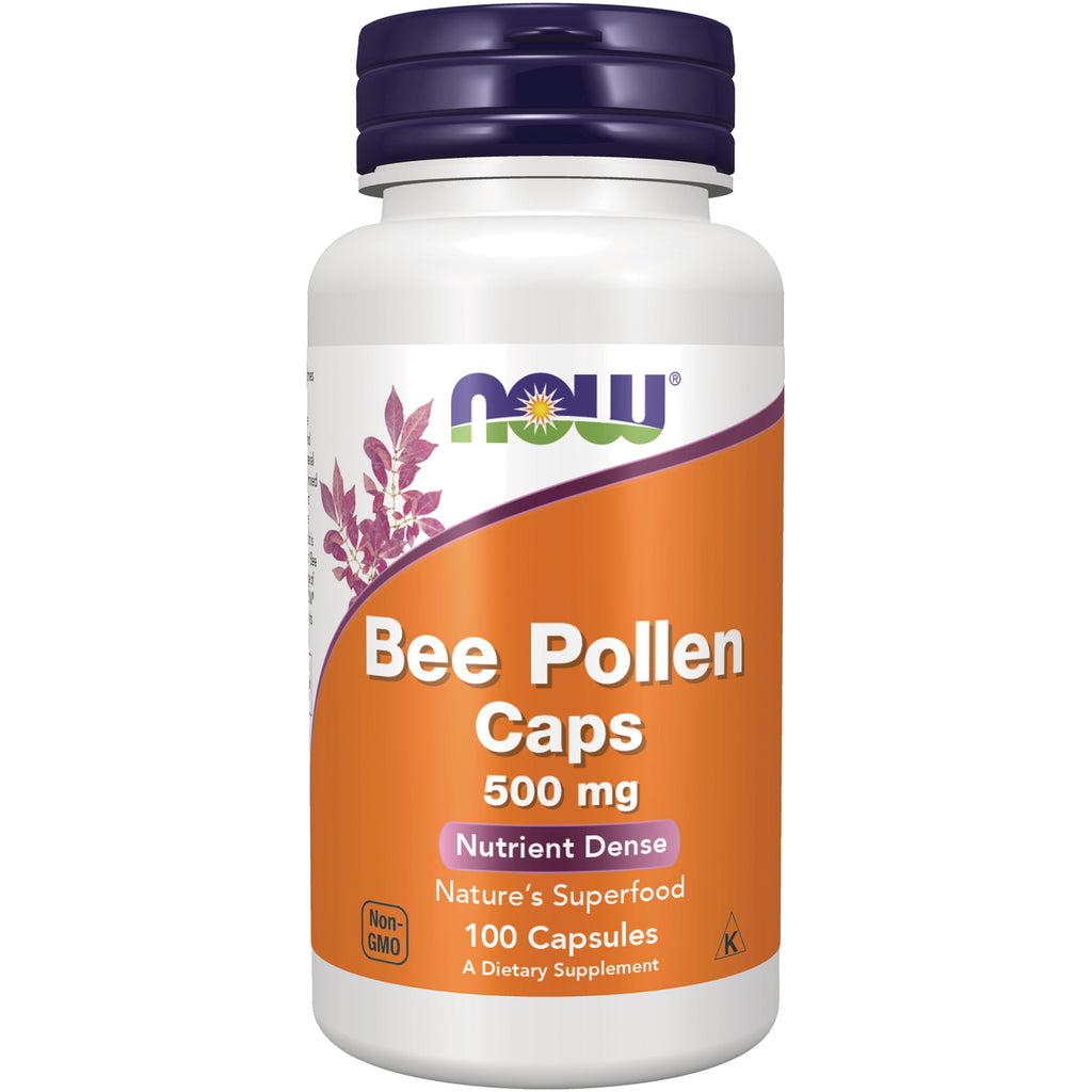 NWF462 | NOW Bee Pollen Caps 500 mg white bottle with orange label, 100 capsules - Thumbnail