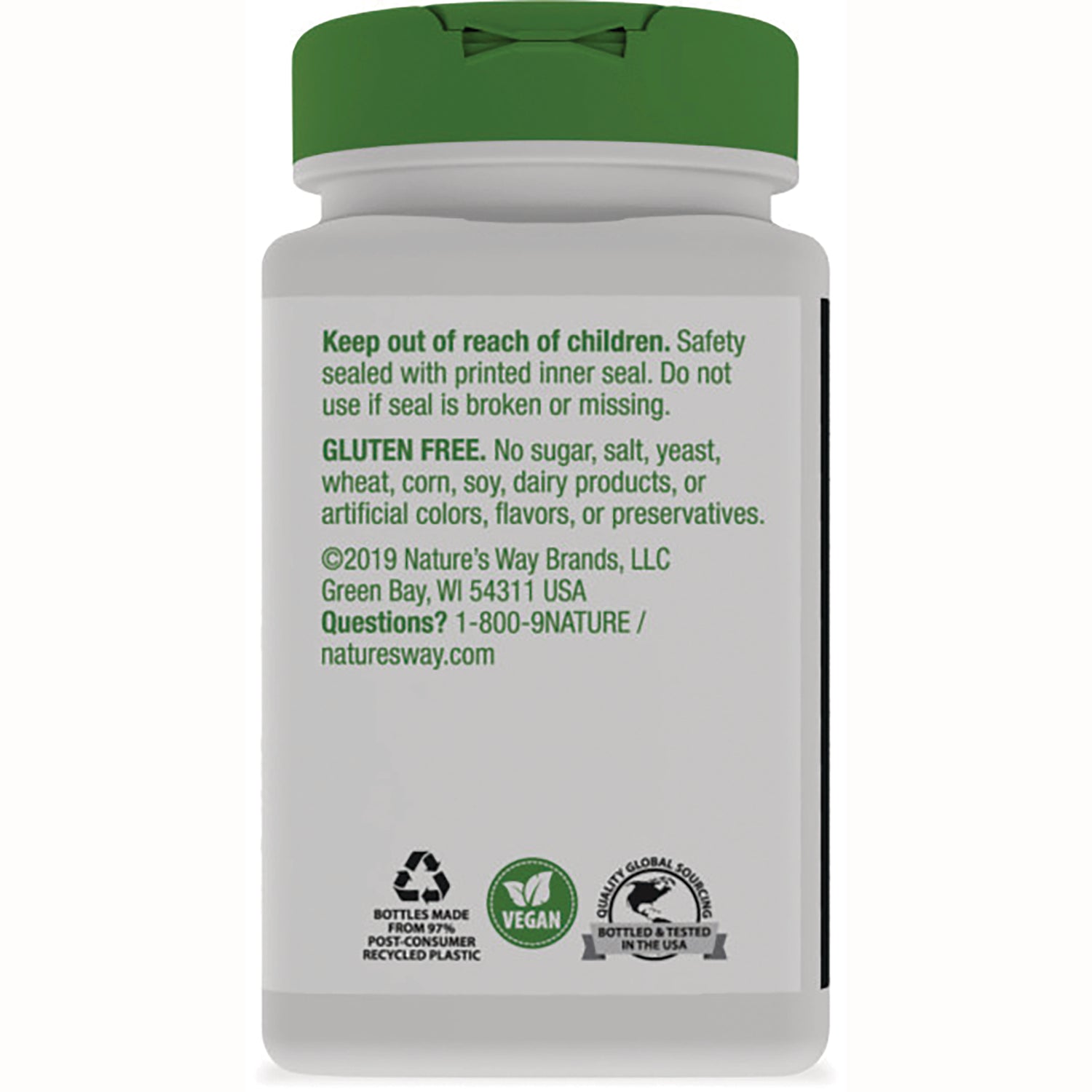 NW949 | back of white supplement bottle with warning text, gluten free statement, contact info and vegan and recycle icons