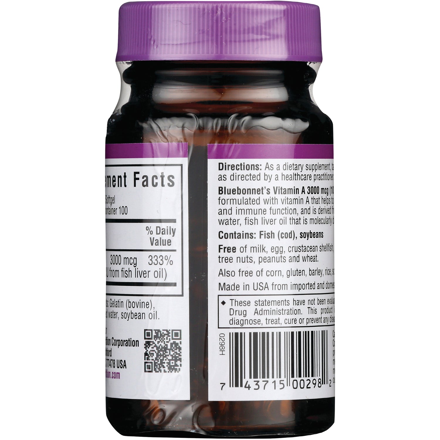 BLU121 | Back label of brown supplement bottle showing directions, contains statement, nutrition facts and barcode