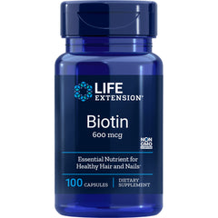 LE235 | Life Extension Biotin 600 mcg supplement bottle, front label showing 100 capsules
