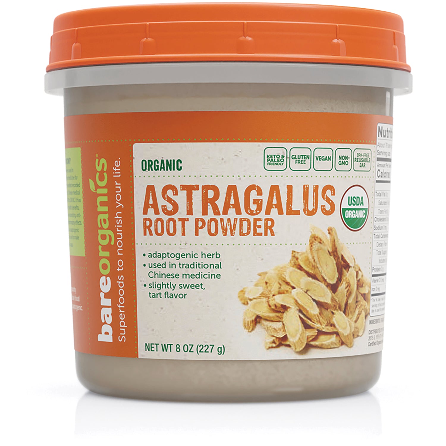 BOR041 | Organic Astragalus root powder jar with orange lid labeled ASTRAGALUS ROOT POWDER