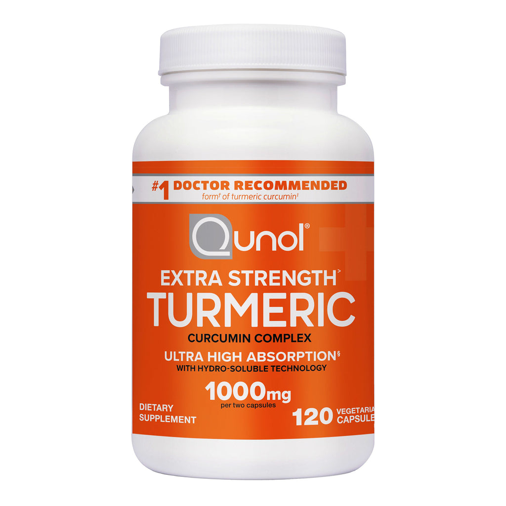 QNL010 | white supplement bottle with orange label reading Qunol Extra Strength Turmeric 1000mg 120 vegetarian capsules - Thumbnail