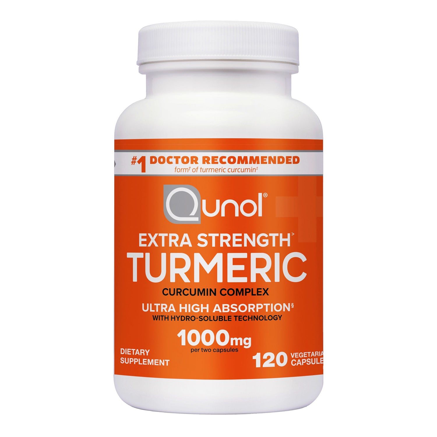 QNL010 | white supplement bottle with orange label reading Qunol Extra Strength Turmeric 1000mg 120 vegetarian capsules