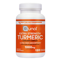 QNL010 | white supplement bottle with orange label reading Qunol Extra Strength Turmeric 1000mg 120 vegetarian capsules