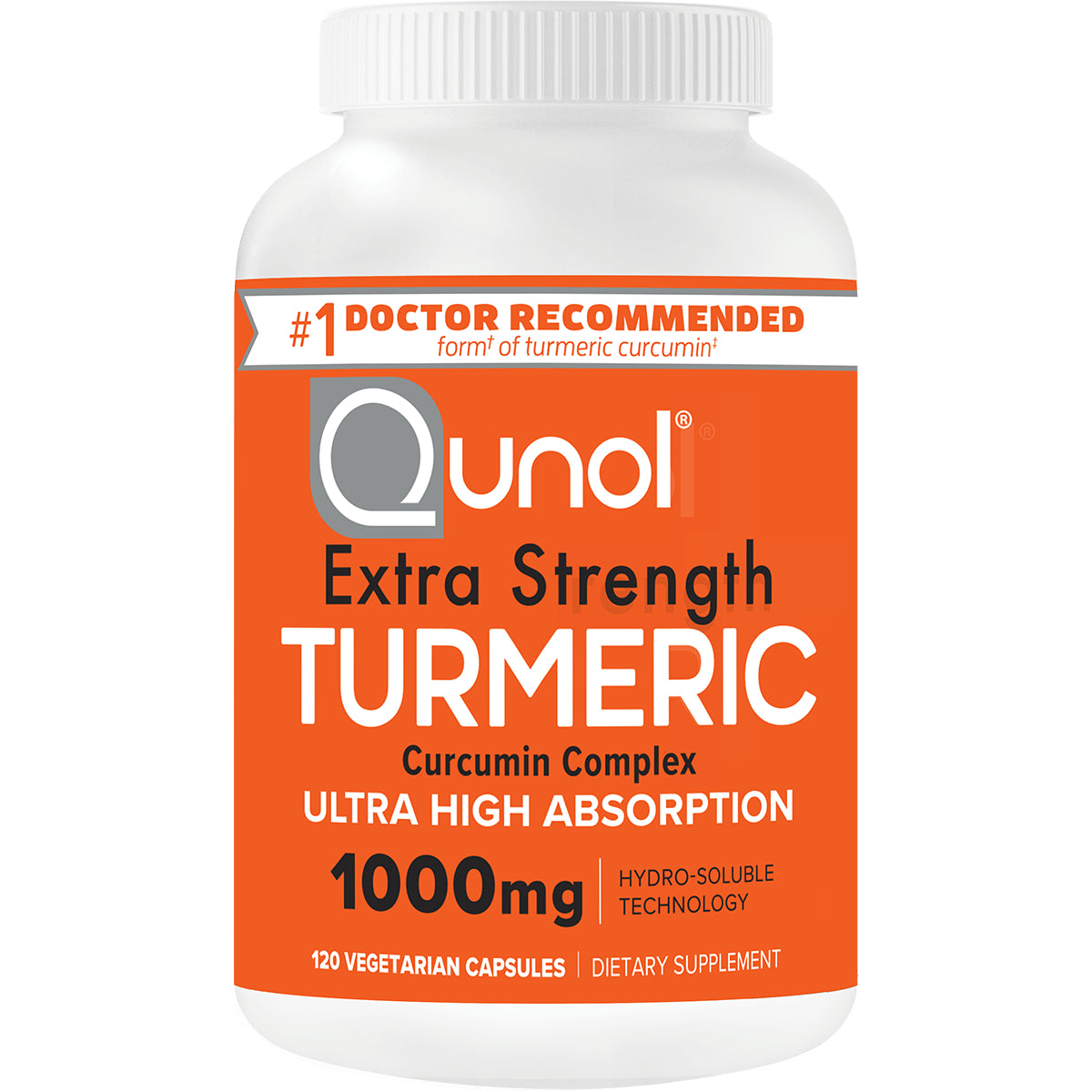 QNL010 | white supplement bottle with orange label reading Qunol Extra Strength Turmeric 1000mg 120 vegetarian capsules