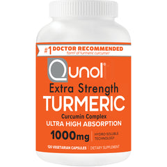 QNL010 | white supplement bottle with orange label reading Qunol Extra Strength Turmeric 1000mg 120 vegetarian capsules