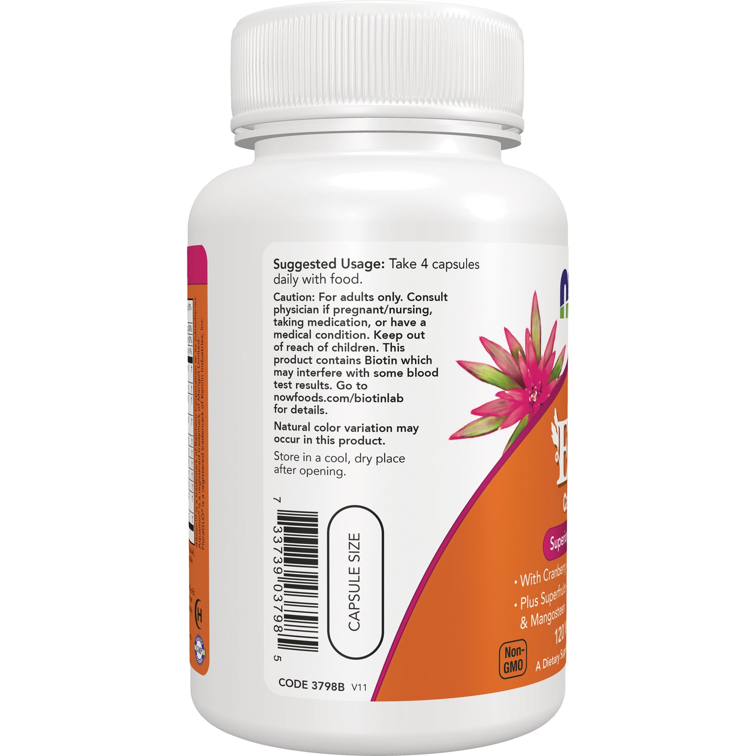 NWF476 | Back label of white supplement bottle showing suggested usage text, caution, barcode, capsule size oval, and flower graphic