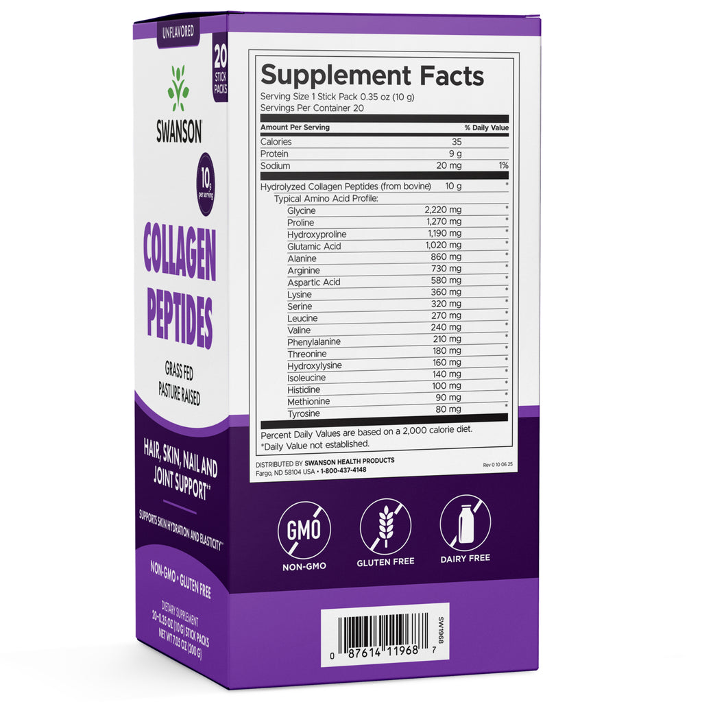 SW1968 | Swanson Collagen Peptides stick packs back panel with Supplement Facts and amino acid profile - Thumbnail