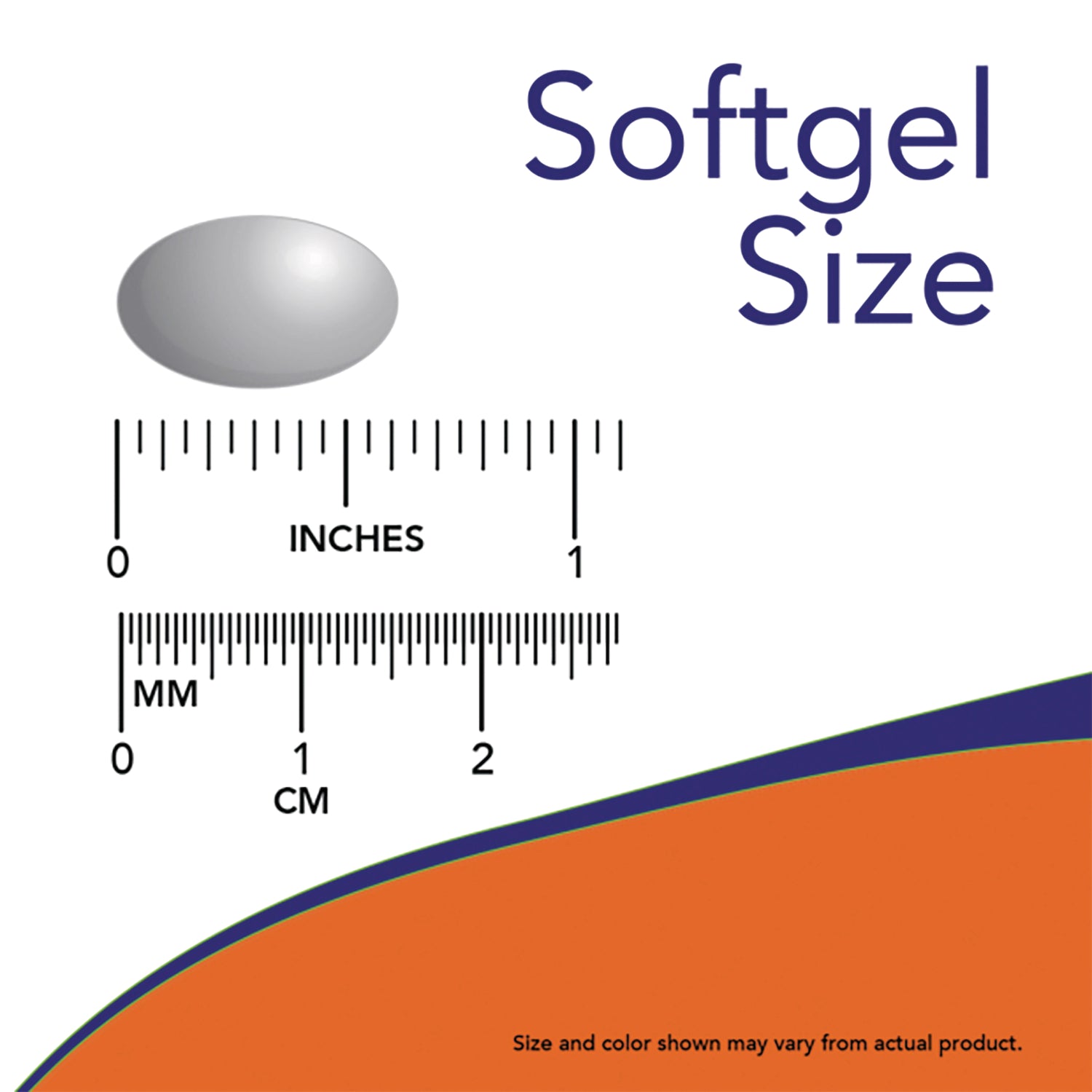 NWF1370 | Softgel size chart showing gray oval softgel above inch and centimeter rulers labeled INCHES and CM