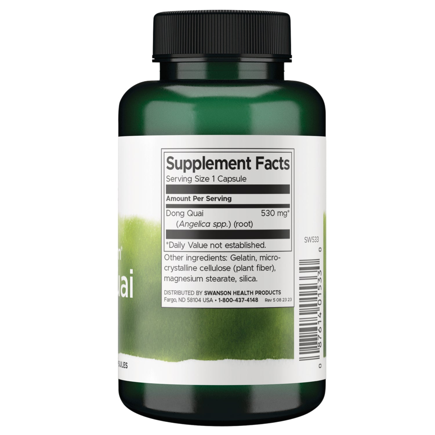 SW533 | Supplement Facts panel for Dong Quai 530 mg, serving size 1 capsule, other ingredients and barcode