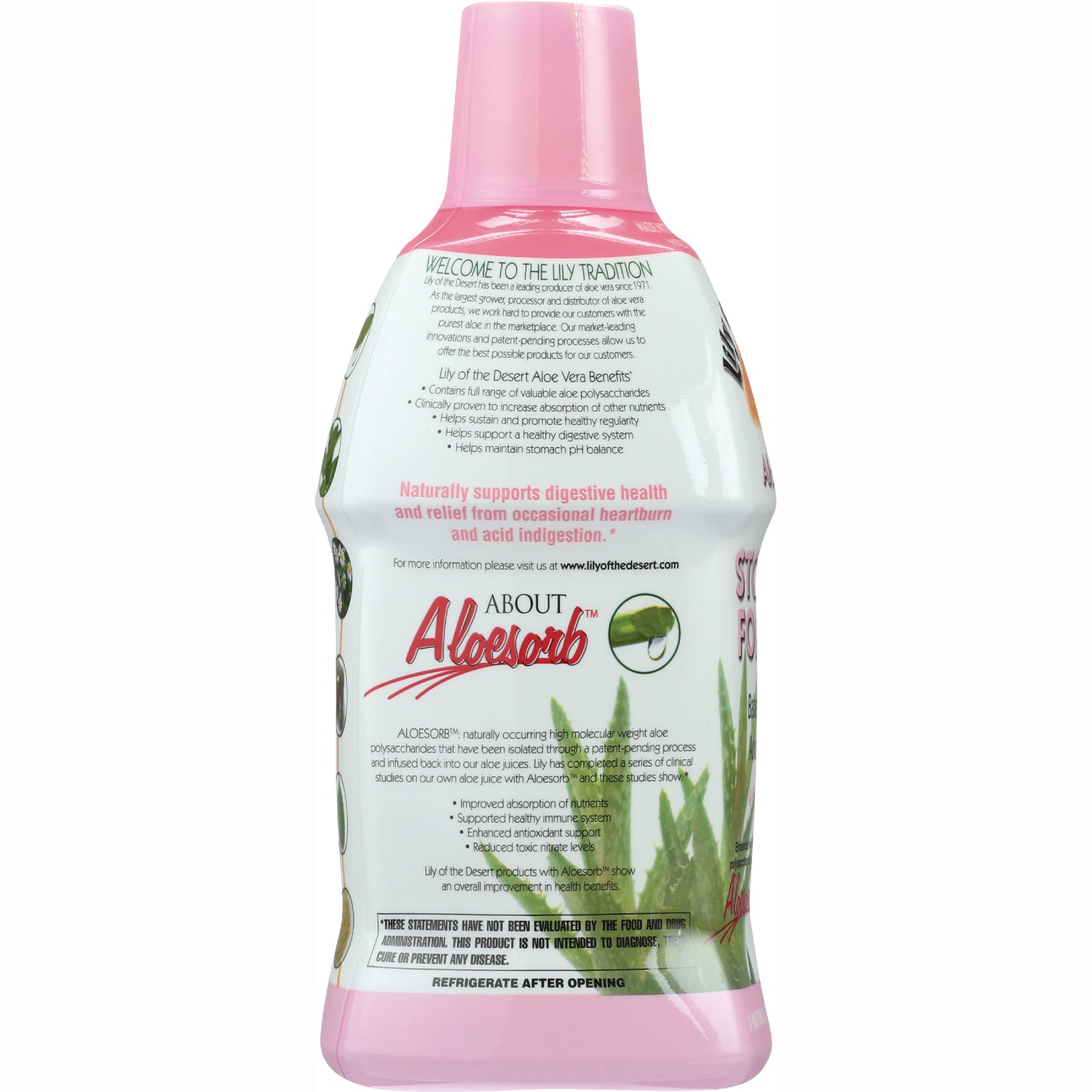 LIL006 | Back of pink-capped aloe vera bottle showing product information label and About Aloesorb branding