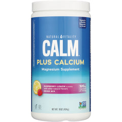 NVT010 | Calm Plus Calcium magnesium supplement raspberry-lemon drink mix canister front label, 16 oz