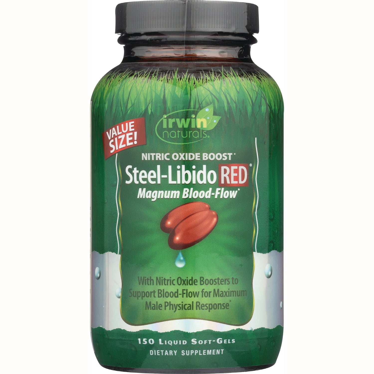 IR096 | Irwin Naturals Steel-Libido RED bottle with green label reading Steel-Libido RED Magnum Blood-Flow, 150 liquid soft-gels