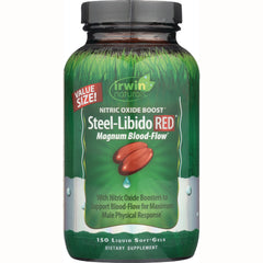 IR096 | Irwin Naturals Steel-Libido RED bottle with green label reading Steel-Libido RED Magnum Blood-Flow, 150 liquid soft-gels