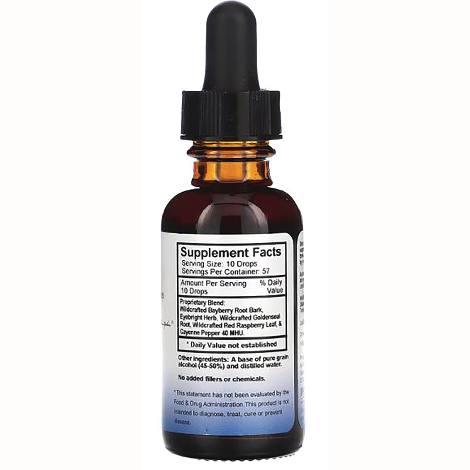 DCR060 | amber dropper bottle back showing Supplement Facts label and ingredient information