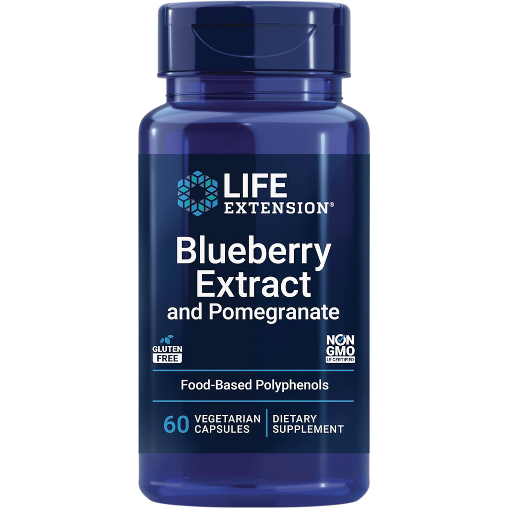 LE070 | Life Extension Blueberry Extract and Pomegranate dietary supplement bottle, 60 vegetarian capsules, non-GMO gluten free - Thumbnail