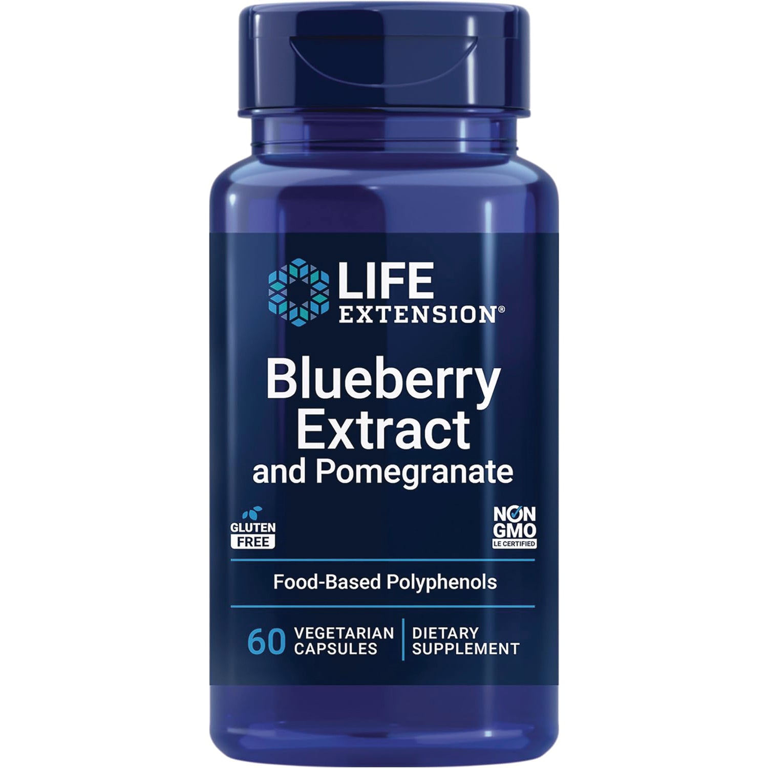 LE070 | Life Extension Blueberry Extract and Pomegranate dietary supplement bottle, 60 vegetarian capsules, non-GMO gluten free