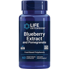 LE070 | Life Extension Blueberry Extract and Pomegranate dietary supplement bottle, 60 vegetarian capsules, non-GMO gluten free