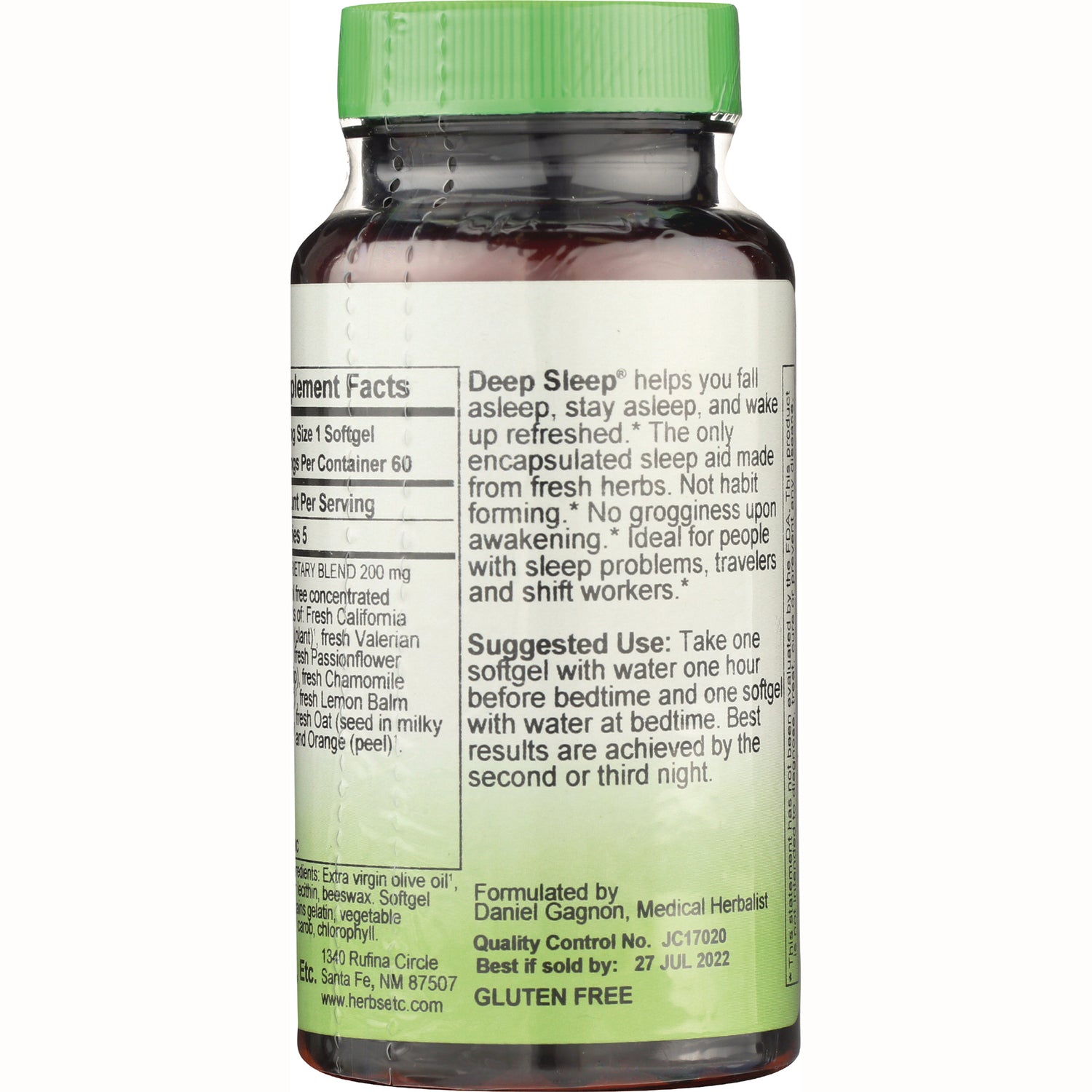 HE106 | back label of green-capped supplement bottle showing supplement facts, suggested use, and GLUTEN FREE