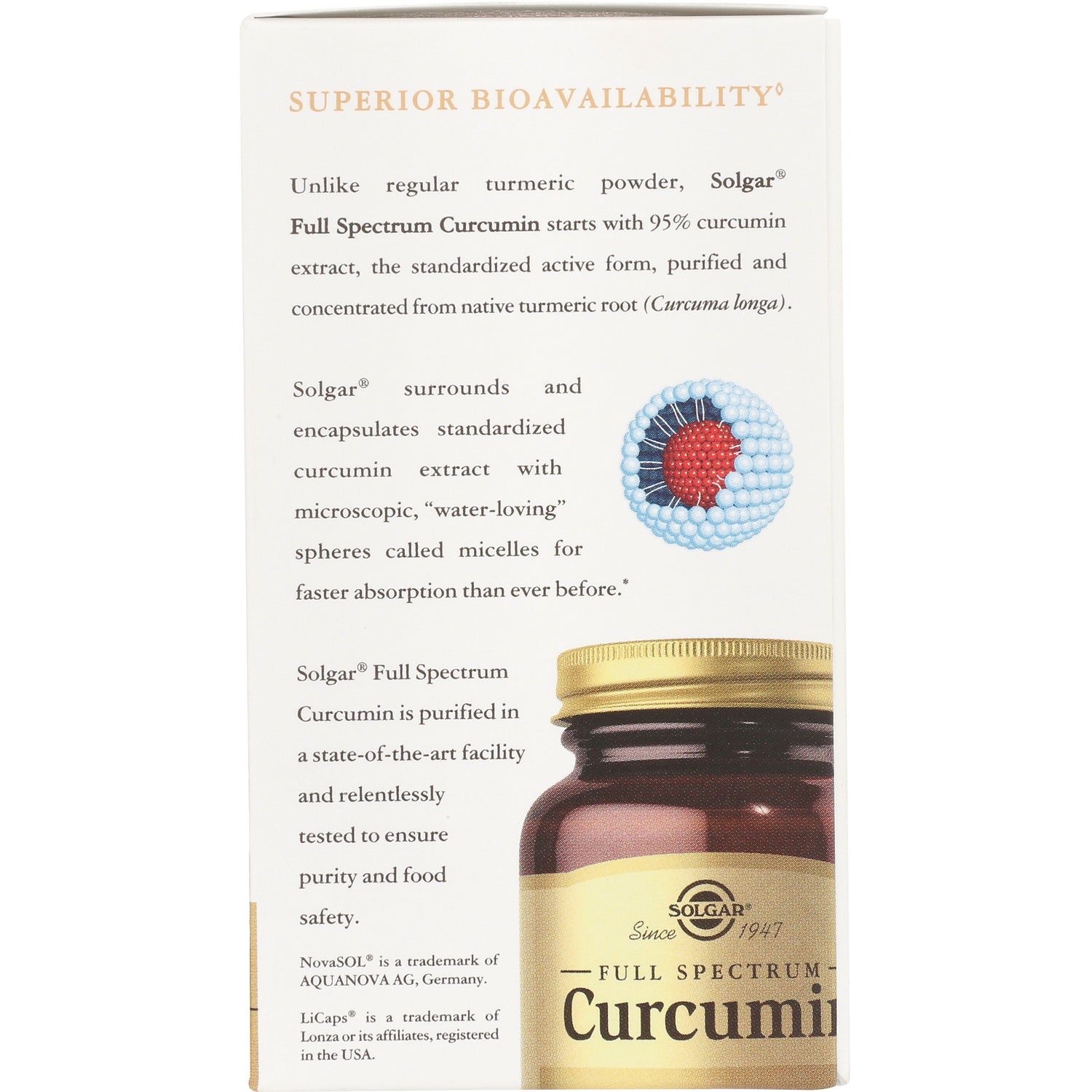 SLG356 | product infographic side panel for Full Spectrum Curcumin showing micelle graphic and jar