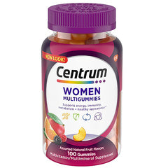 CEN016 | Centrum Women Multigummies bottle front showing label and purple cap, 100 gummies, assorted fruit flavors