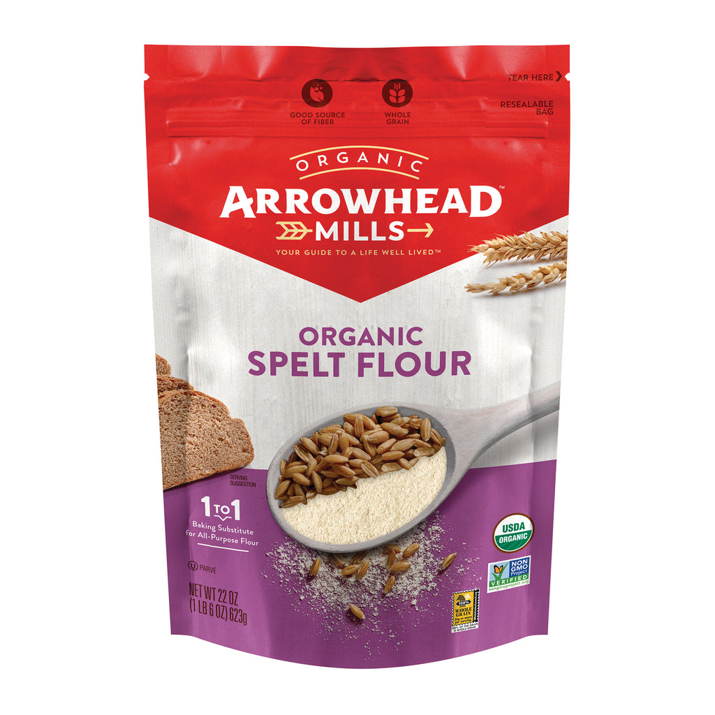 AHM061 | Arrowhead Mills organic spelt flour pouch front with scoop of flour and wheat - Thumbnail