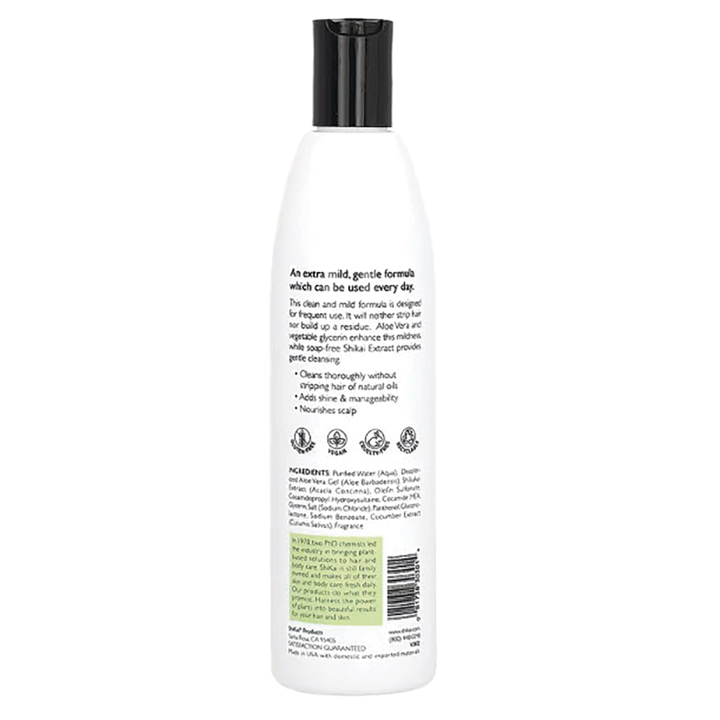 SHK007 | Back label of white shampoo bottle showing ingredients, usage text, certifications, and barcode - Thumbnail