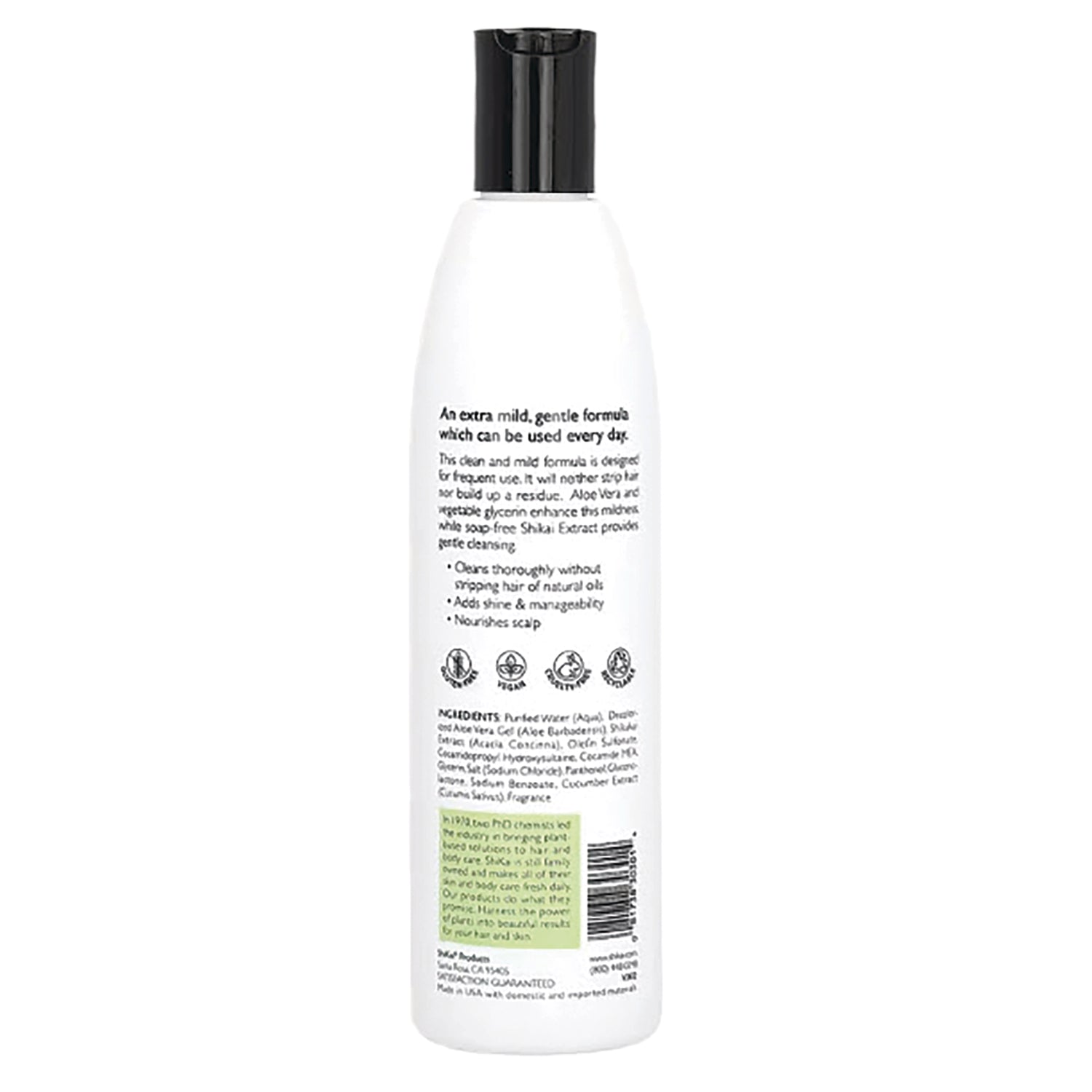 SHK007 | Back label of white shampoo bottle showing ingredients, usage text, certifications, and barcode