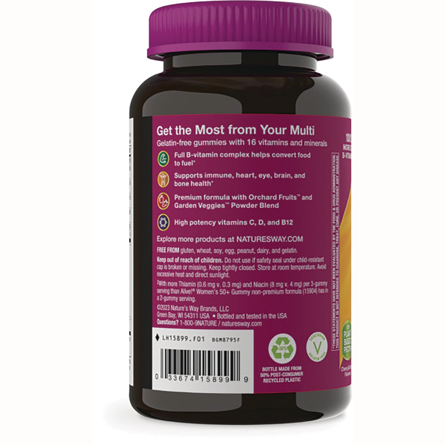 NW854 | Back label of gummy vitamin bottle showing benefits text, barcode, and recycling icons
