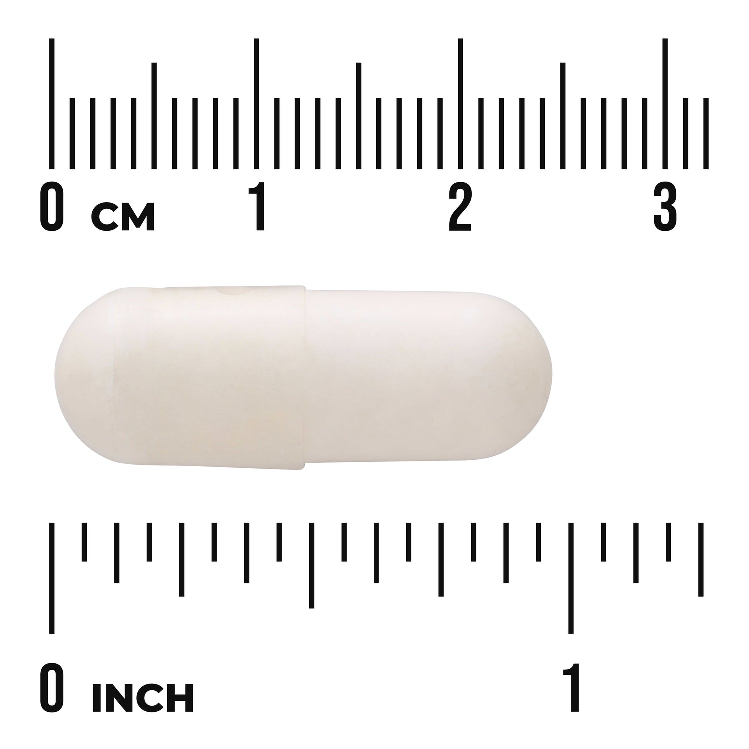 SWU479 | White capsule with size shown against cm and inch rulers