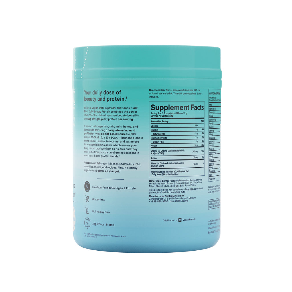 NFC222 | Back of a turquoise BiOSIL Beauty Protein tub showing Supplement Facts and product claims - Thumbnail