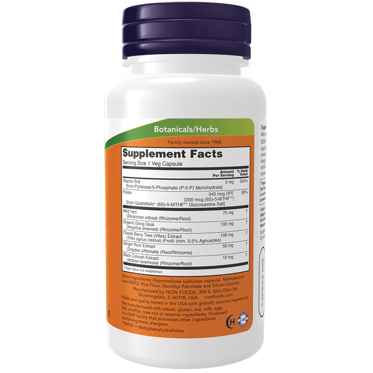 NWF1387 | Supplement Facts and ingredient panel on back of white supplement bottle labeled Botanicals/Herbs