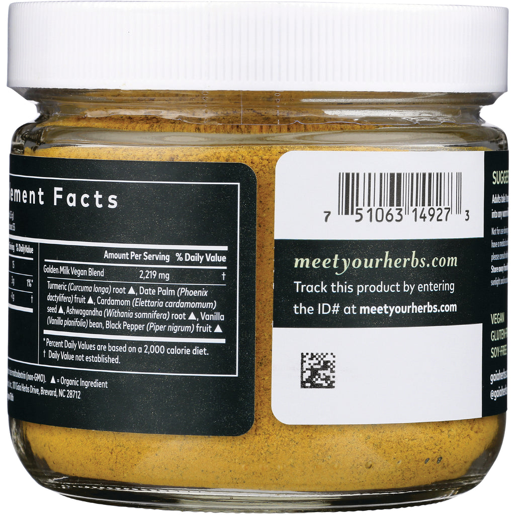 GH117 | Jar back showing supplement facts panel, barcode, meetyourherbs.com and yellow powder inside - Thumbnail