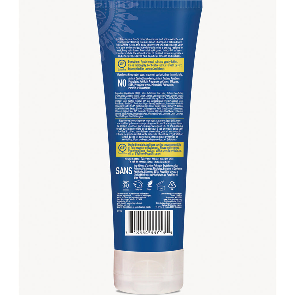 Back of blue shampoo tube with directions, ingredients list, NO/SANS claims and barcode - Thumbnail