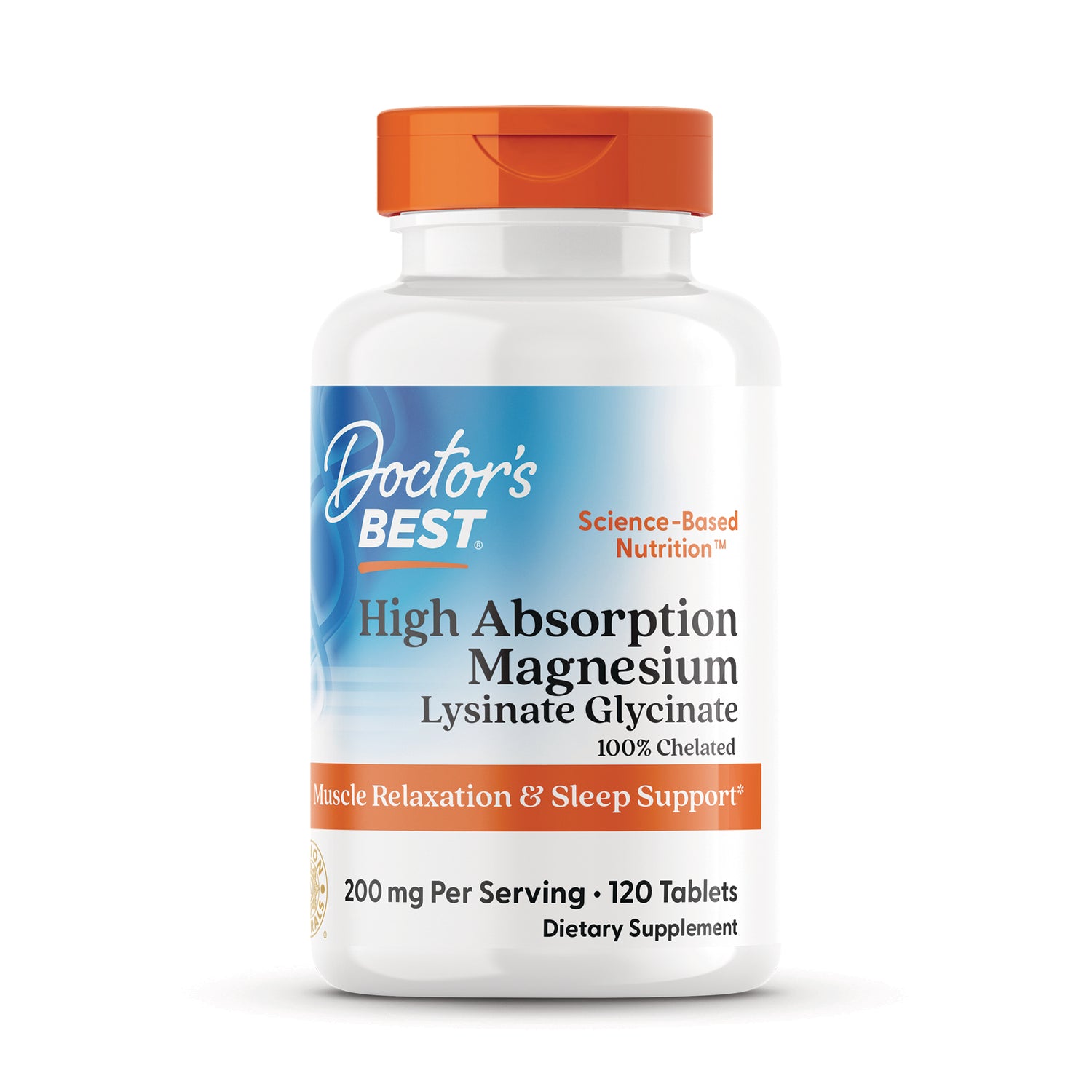 DB162 | Doctor's Best High Absorption Magnesium Lysinate Glycinate supplement bottle, 200 mg, 120 tablets, orange cap
